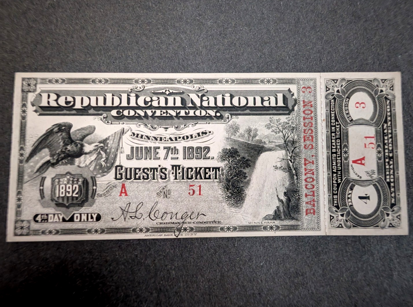 1892 Republican National Convention Ticket Unused Mint 4th Day Benjamin Harrison