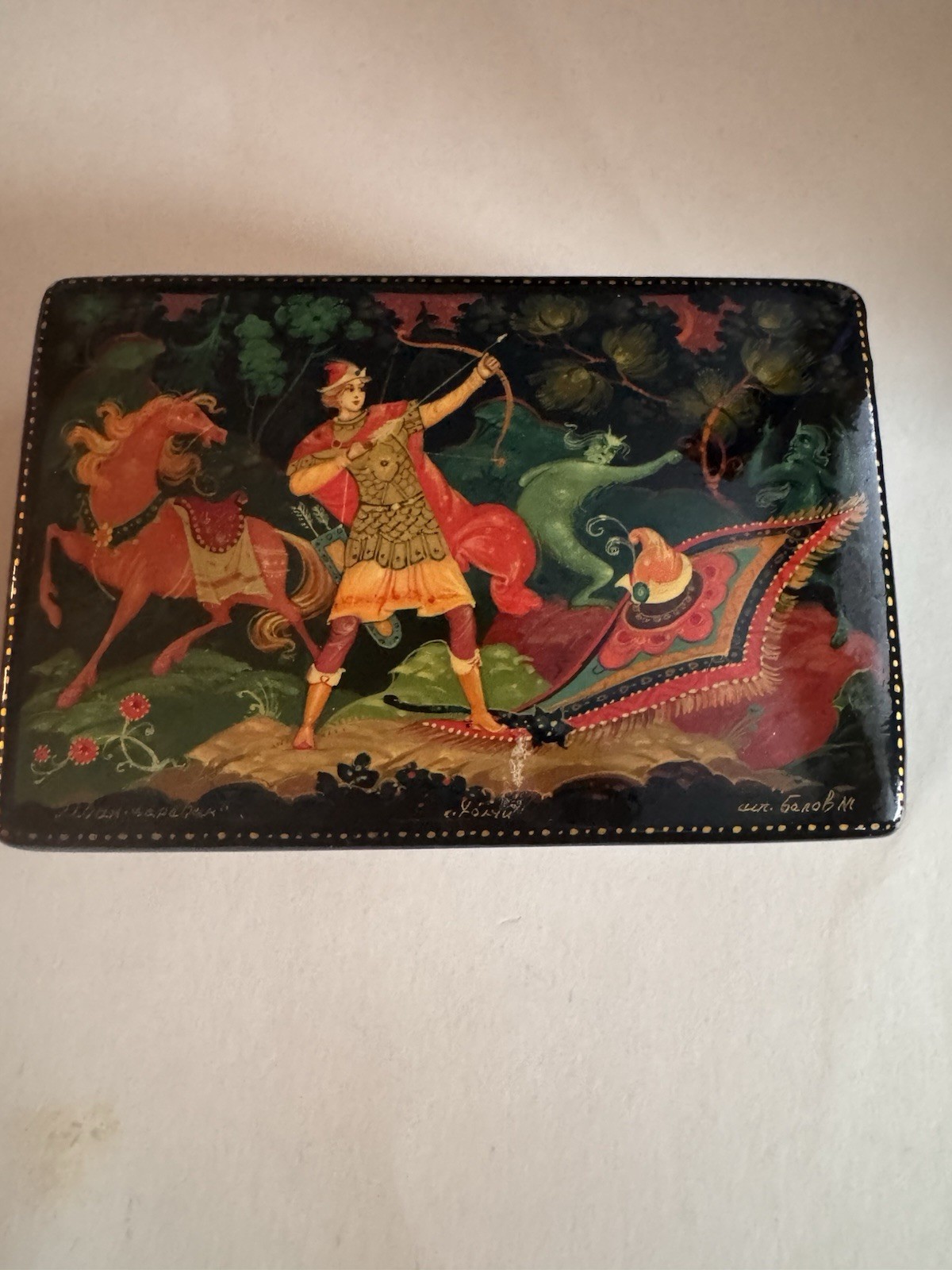 Vintage Russian Hand-paintedLacquer Box with Archer and Mythical Creatures