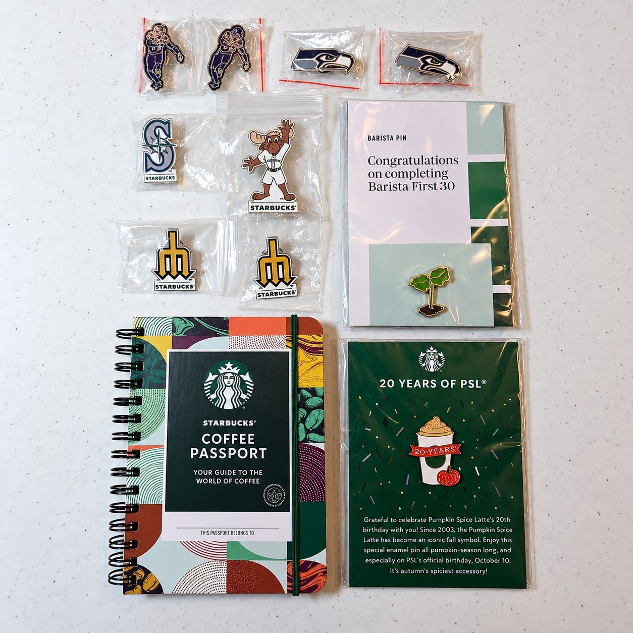 Starbucks Pin Lot 10 Pins + Coffee Passport Seattle Seahawks PSL Barista New