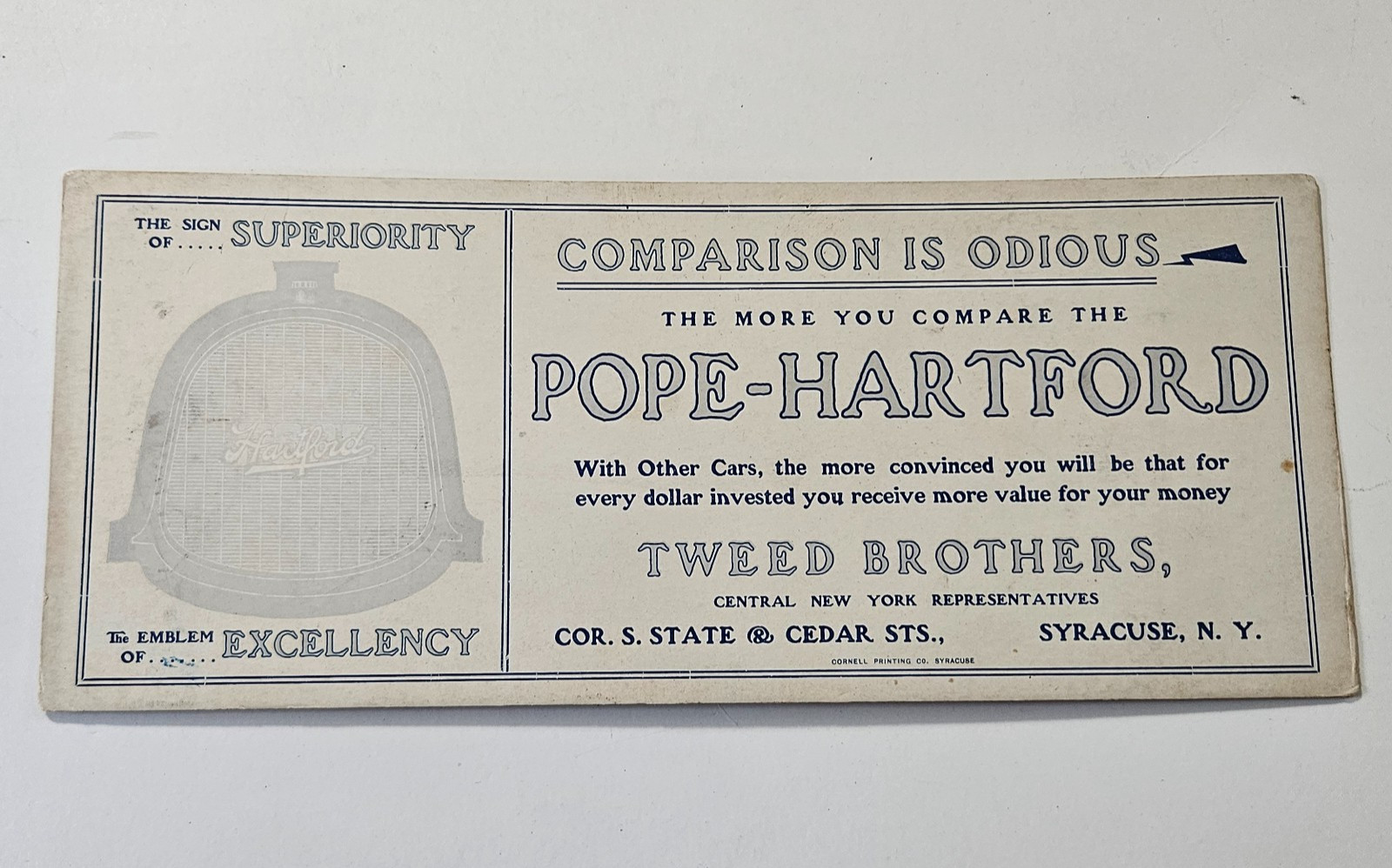 Rare Pre 1915 Pope-Hartford Automobile Advertising Ink Blotter