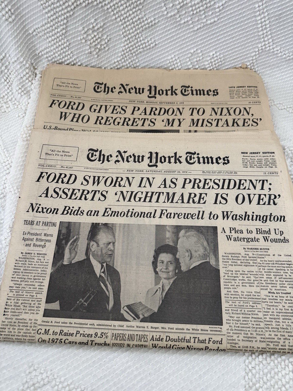 1974 New York Times Lot 2 Nixon Pardon Ford Sworn In Watergate Newspapers