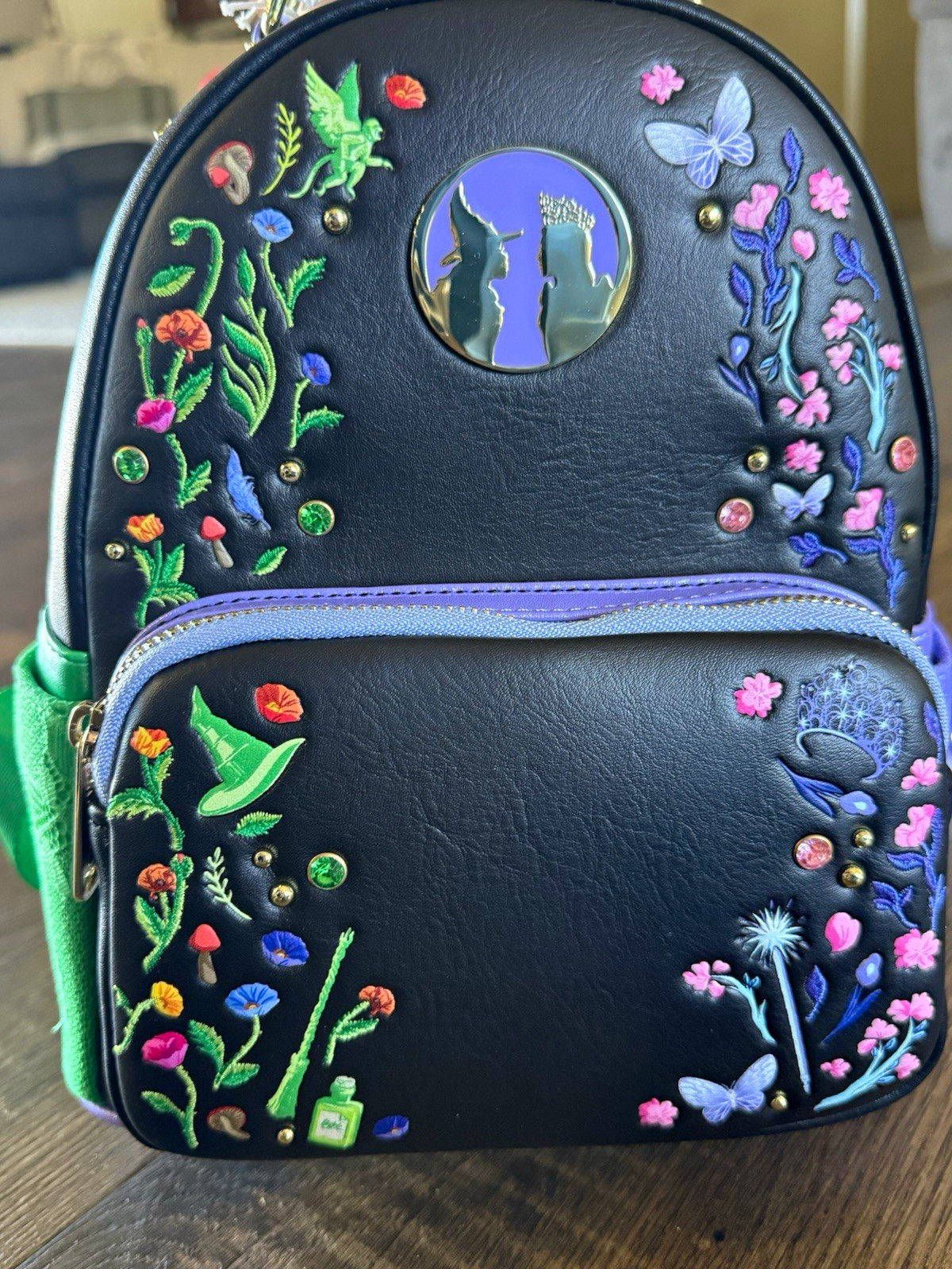 Loungefly Wicked Embroidered Floral Black Purple Green Mini Backpack