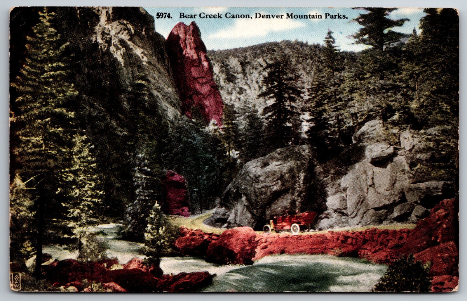Bear Creek Canon Denver Mountain Parks Colorado CO Old Car Postcard
