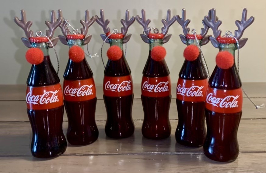 Lot of 6, Coca-Cola Plastic Bottle Reindeer Christmas Holiday Coke Ornaments
