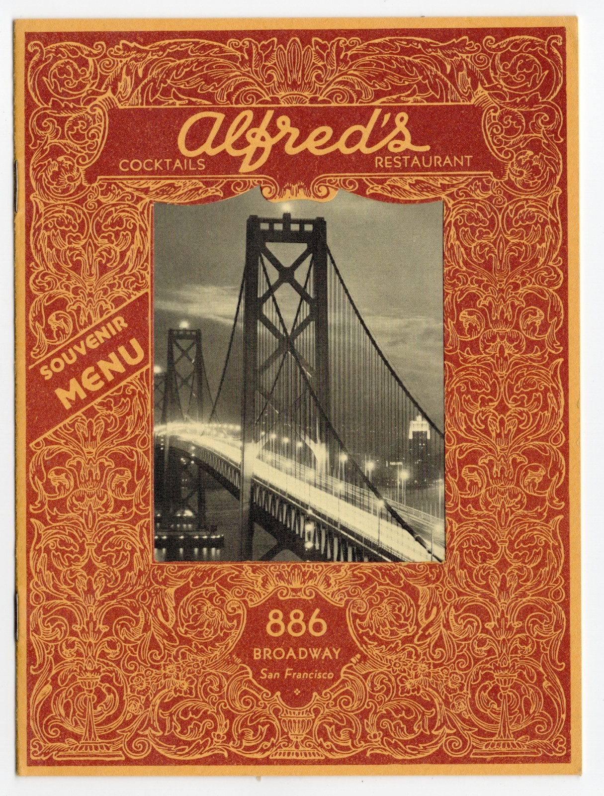 Vintage 1966 Alfred\'s Restaurant Souvenir Menu San Francisco Bay Bridge Postcard