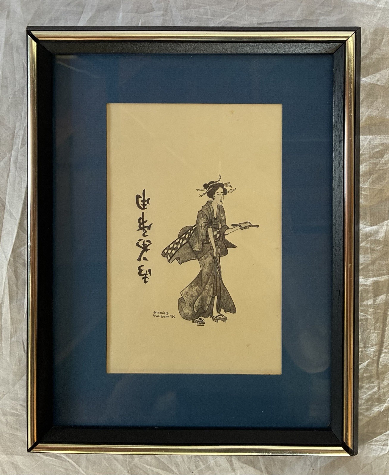 Vintage Japanese Geisha Ukiyo-e Style Wall Art - Woman Kimono - Frame 10.5x13.5”