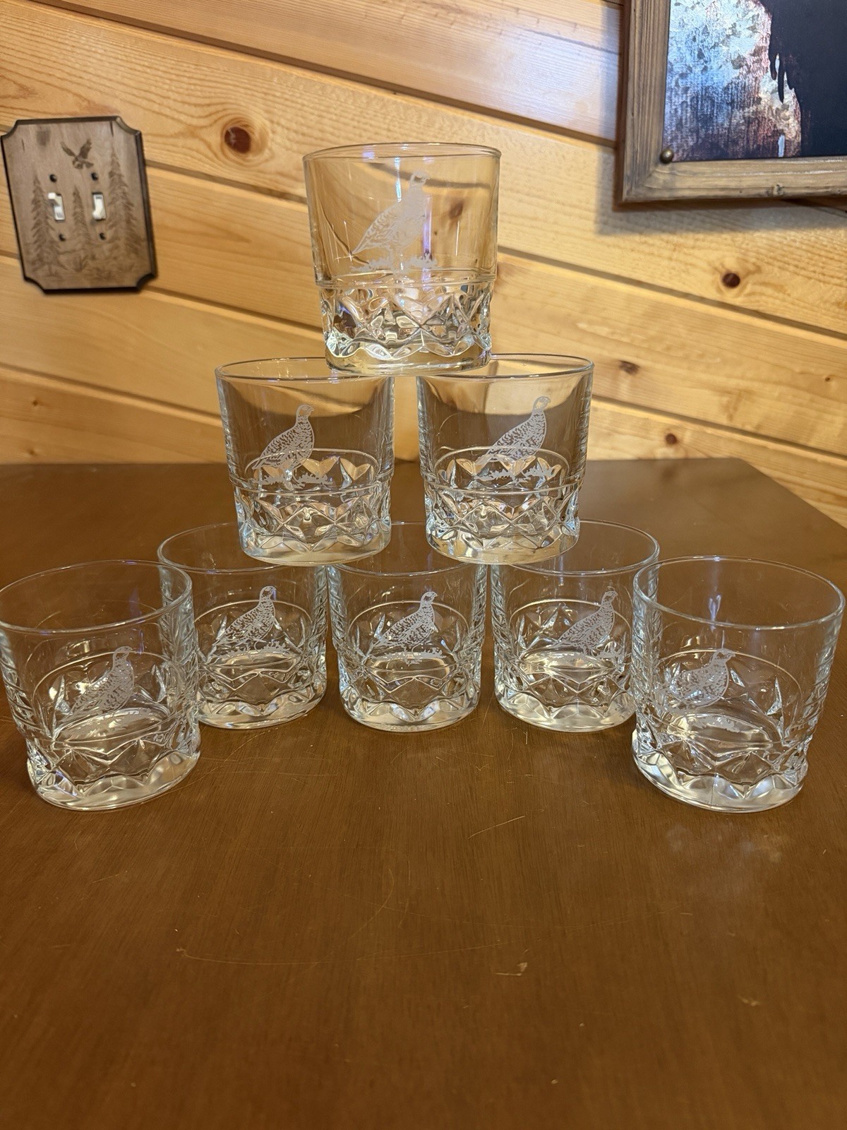 Lot Of 8 Wildlife Etched Grouse Quail Rock Whiskey Glasses