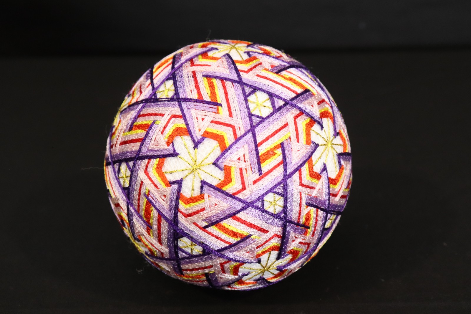 Vintage Japanese Hand Embroidered Silk Temari Ball Purple Pink Geometric Craft