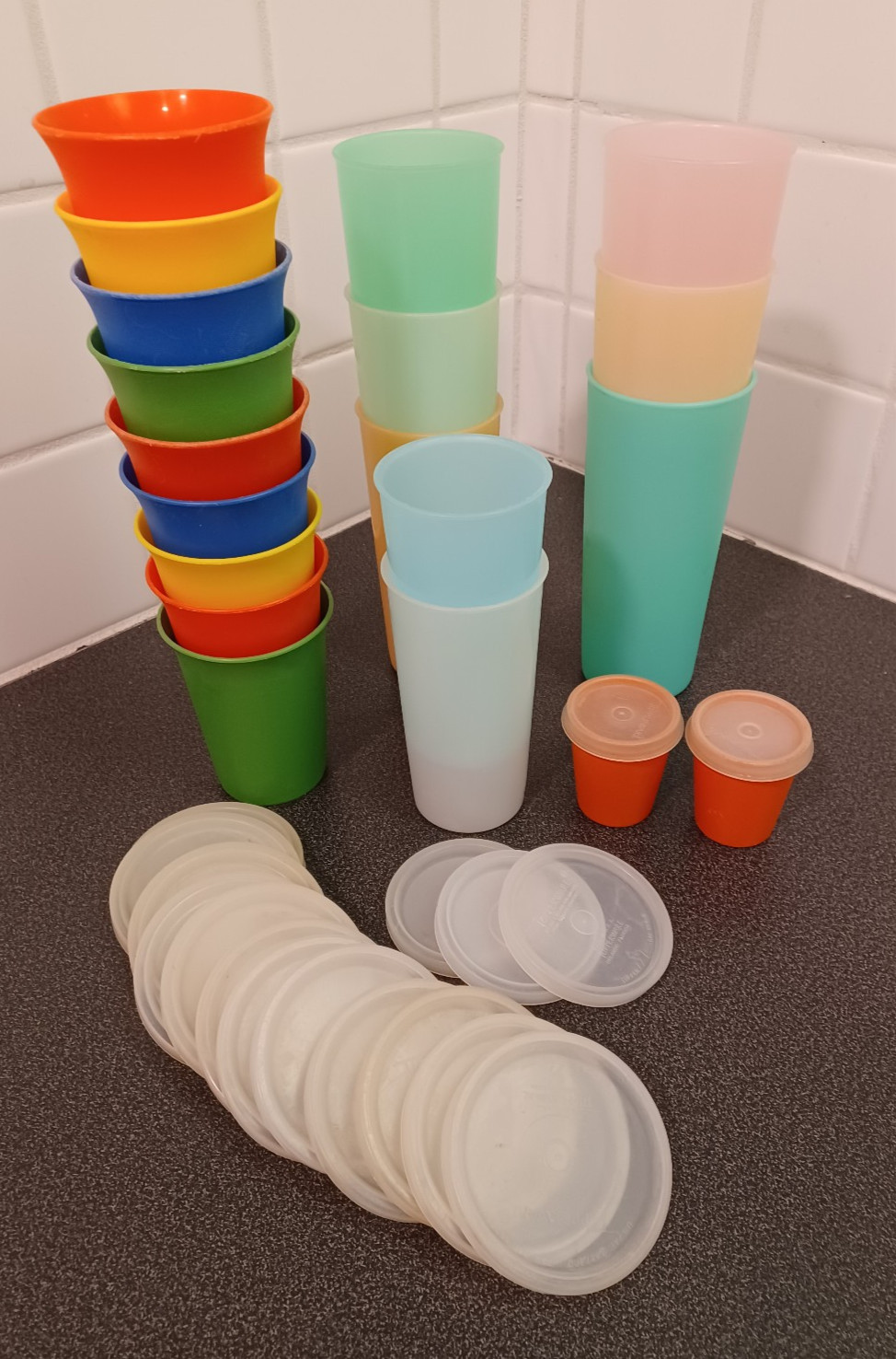 Vtg Tupperware Huge lot 15 Pastel Tumblers, 9 Kids Bell Cups, 2 minis, 22 lids