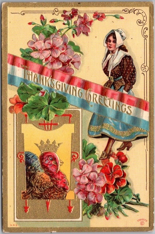 c1910s THANKSGIVING Embossed Postcard Woman in Bonnet / Turkey w/ Crown - Unused