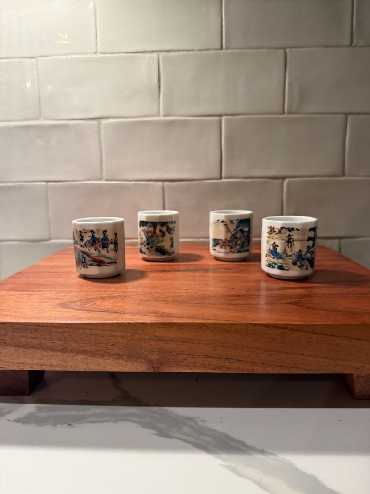 Vintage Korean Soju Cups Set of 4, Ceramic Tea Sake Cups Hand Painted