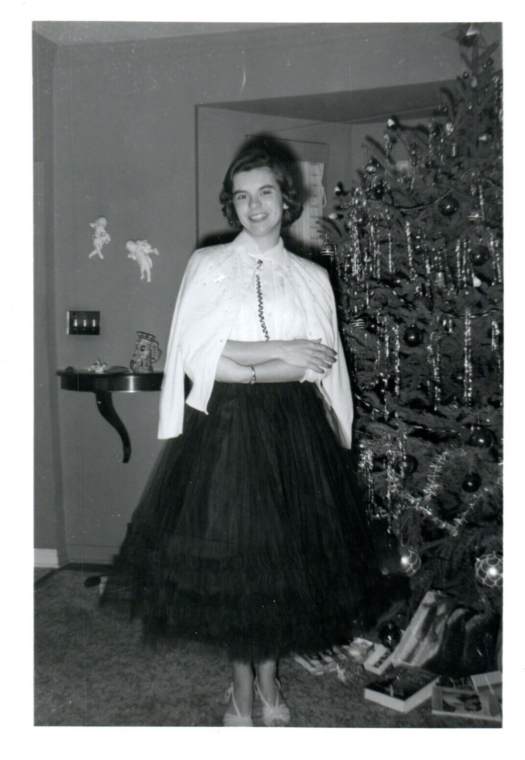 1950s Woman in Cape by Decorated Christmas Tree Holiday Vintage Photo