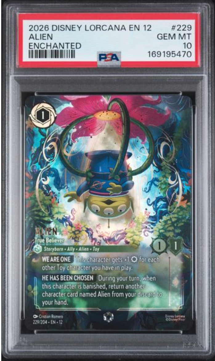 2026 DISNEY LORCANA EN 12-WILDS UNKNOWN ENCHANTED ALIEN TRUE BELIEVER PSA 10