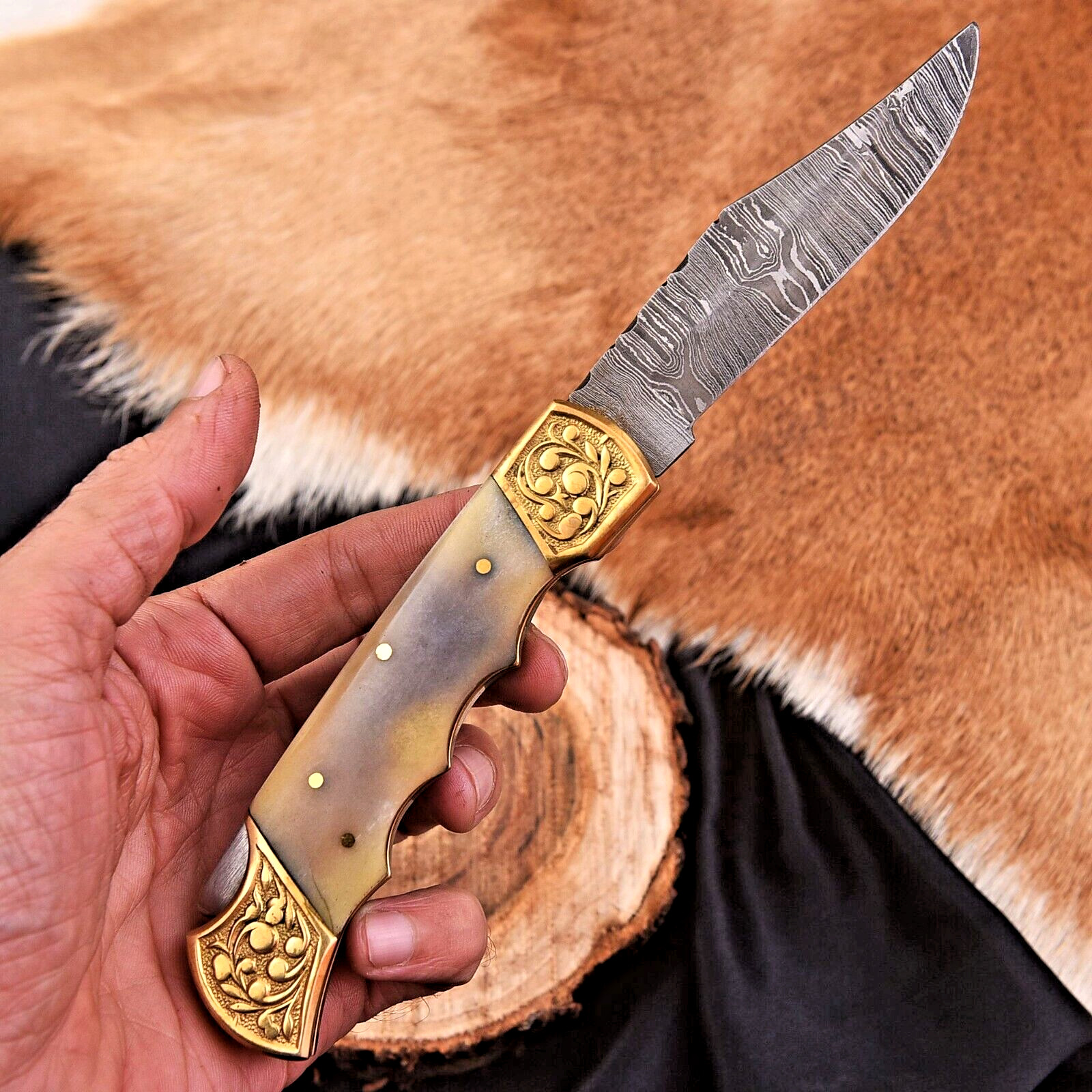 CUSTOM MADE FORGED DAMASCUS STEEL FOLDING BLADE POCKET KNIFE CAMPING 1528