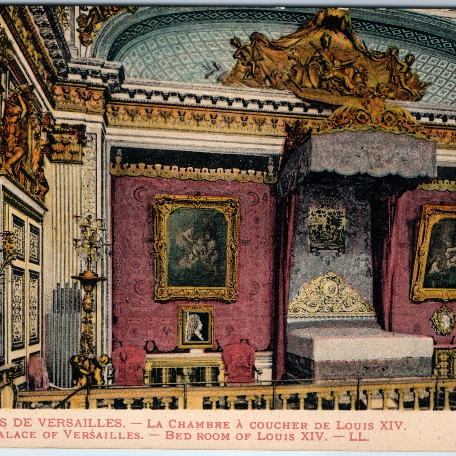 c1910s Versailles Palace, France Postcard Louis XIV Royal Bed Chamber Interior
