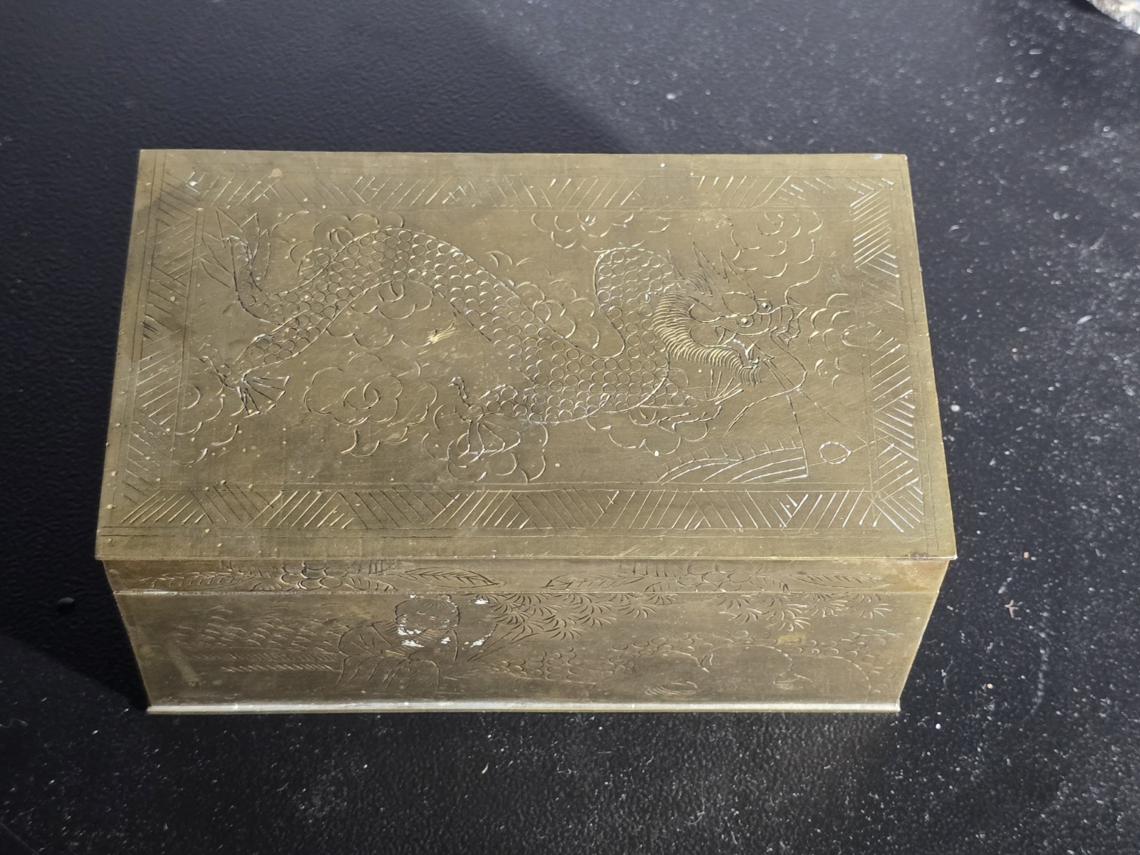 Chinese Brass Engraved Dragon Hinged Box Wood Interior 6x4x3 In Mid Century
