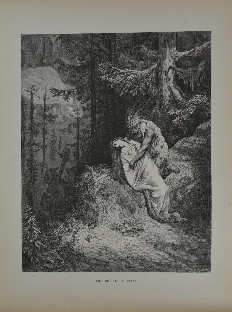 Antique Gustave Dore Art Print Chactas and Atala Native American 1880 Victorian