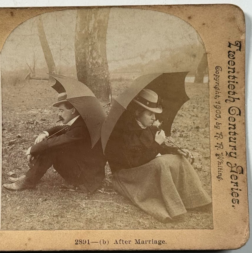 After Marriage – Humorous Couple Scene Under Umbrellas Vintage Stereoview Card