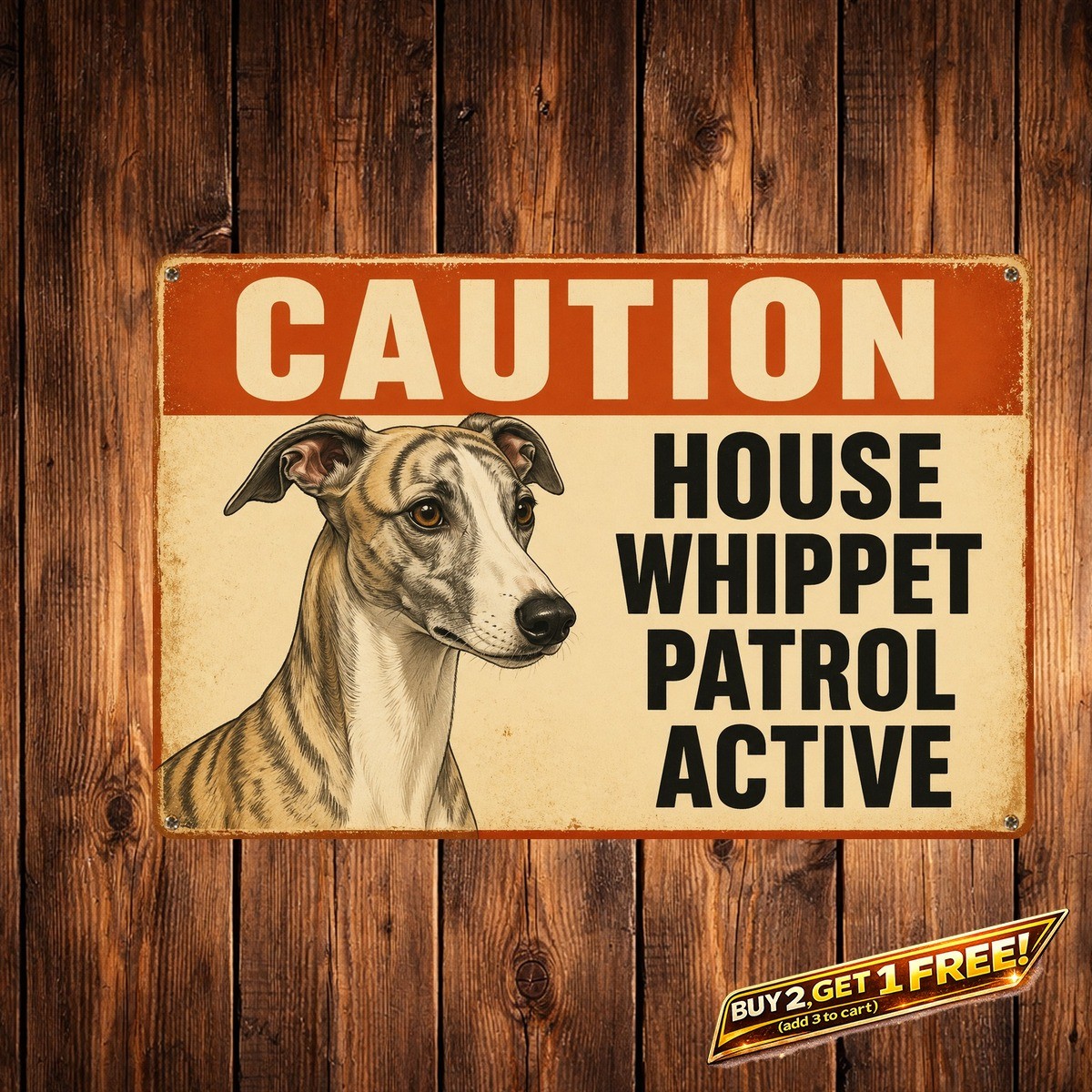 Beware Guard Whippet on Duty Metal Sign Dog Lover Warning Wall Decor