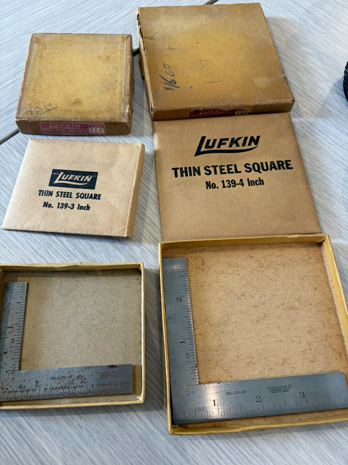 Vintage Lufkin Thin Steel Squares No. 139-3 & 139-4 with Original Boxes