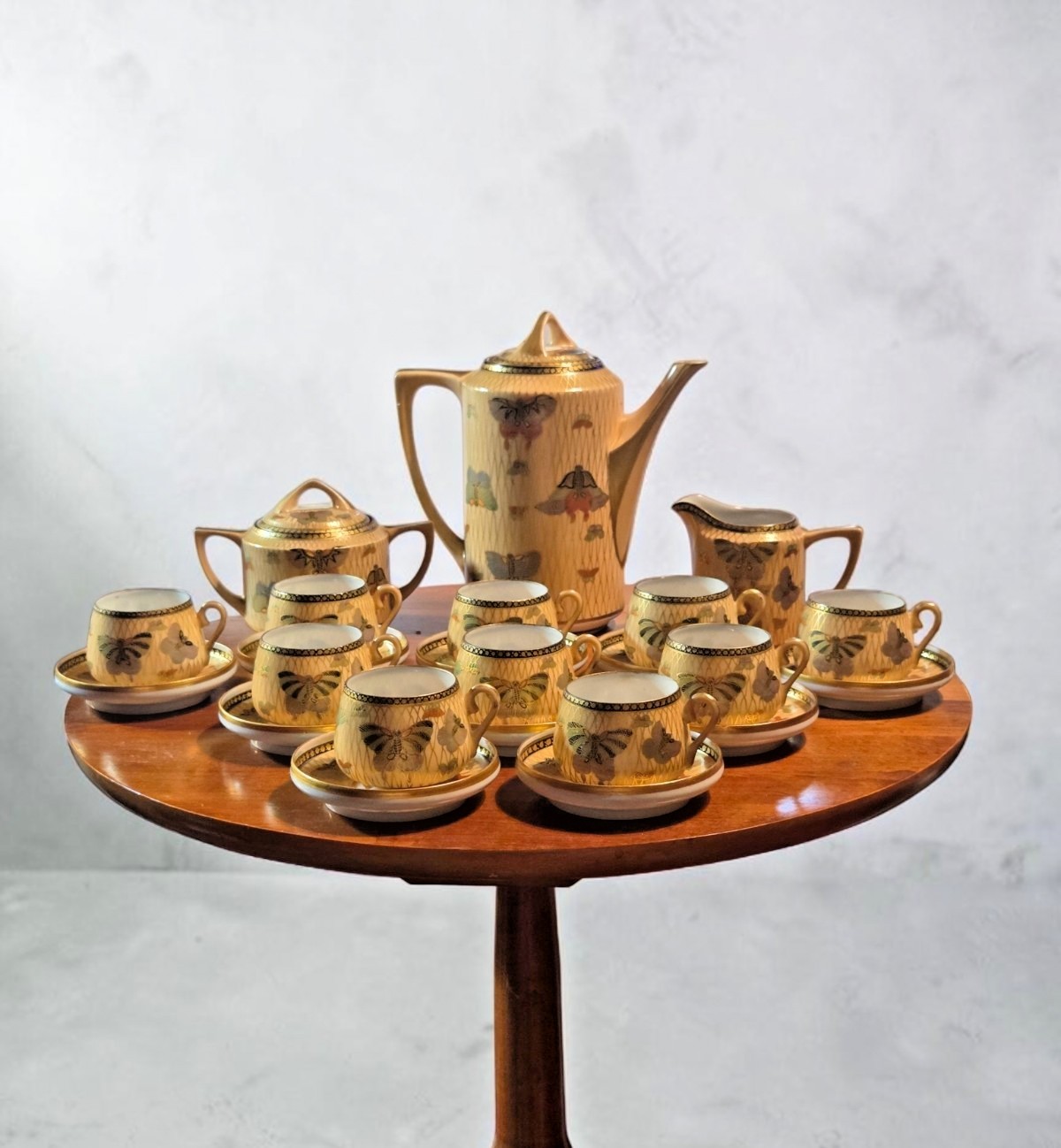 Vintage Japanese Satsuma Eggshell Tea Set 23Pc Butterfly Gold Porcelain