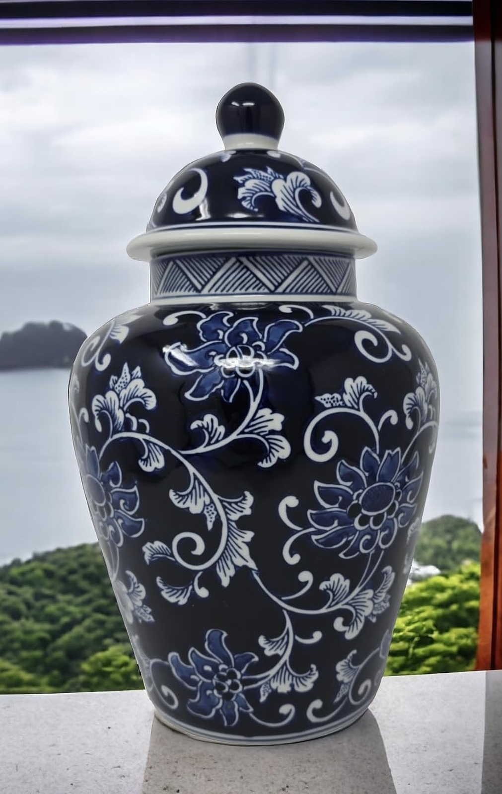 Festcool 12.5 in Blue and White Porcelain Floral Temple Ginger Jar Vase, Chin...