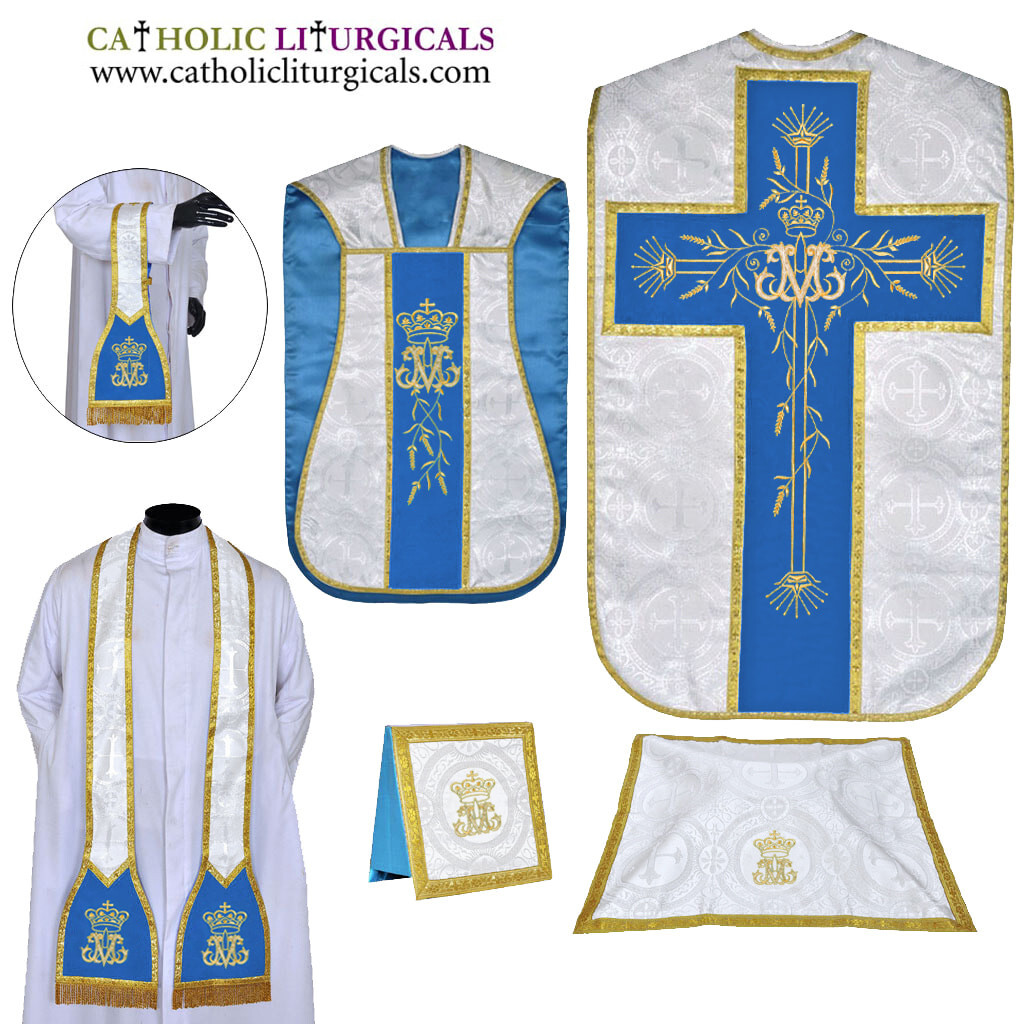 Marian Blue With Silver Brocade Marian Chasuble Vestment Fiddleback 5pc mass set