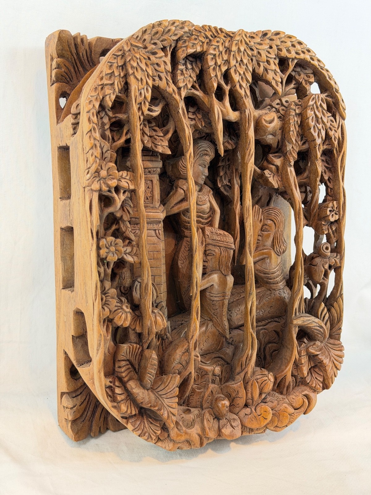 Vintage Balinese Deep Hand Carved Wood 3D Relief Wall Hanging / Panel / Decor