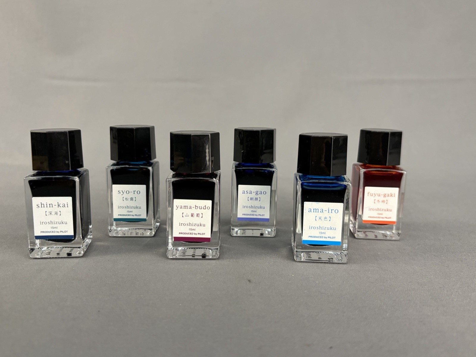 Set of 6 Pilot Iroshizuku 15ml Fountain Pen Ink; asa-gao, shin-kai, syo-ro+ Full