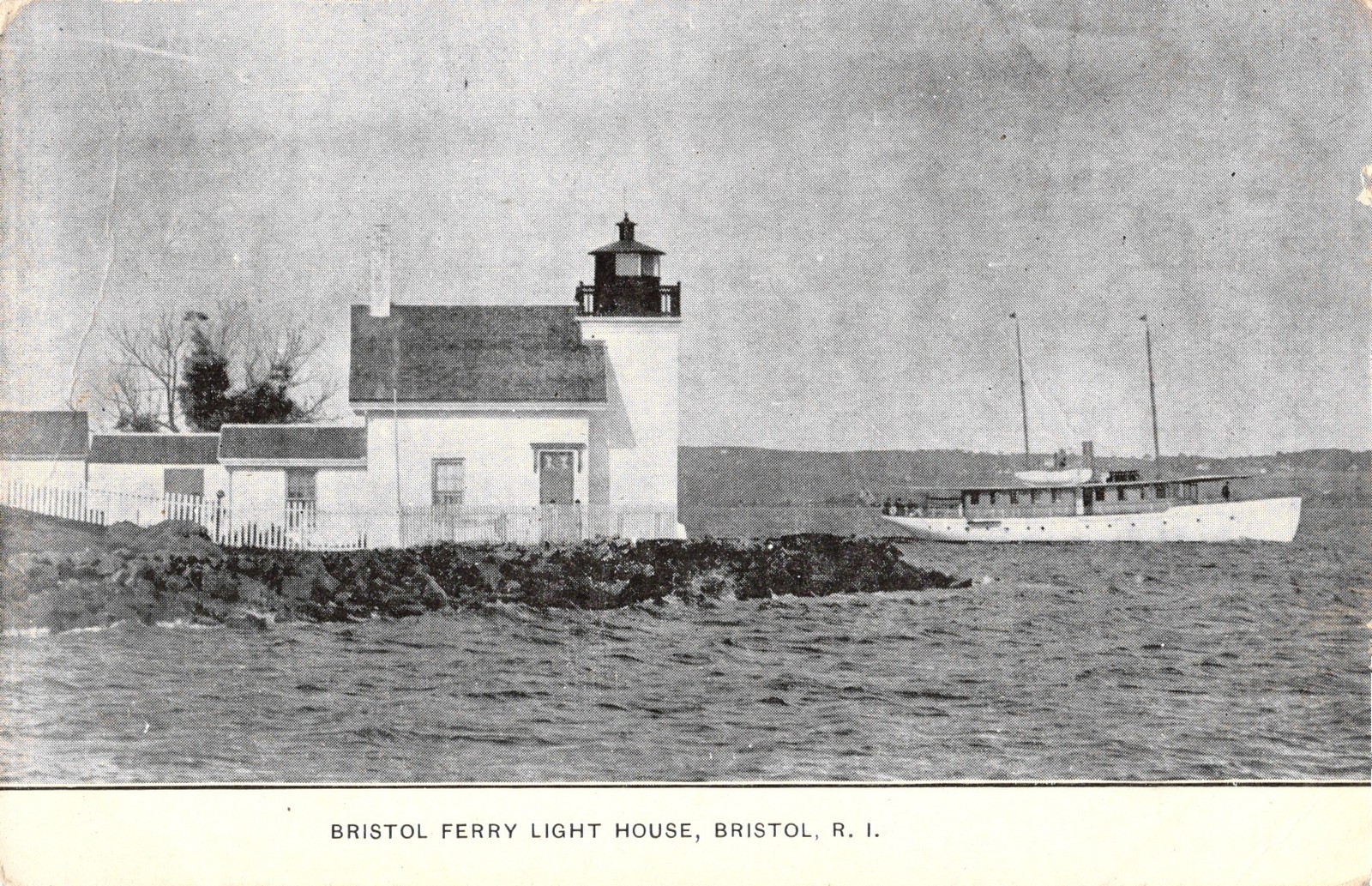 Bristol Ferry Lighthouse, Bristol, R.I. Undivided Back Postcard with Large Boat