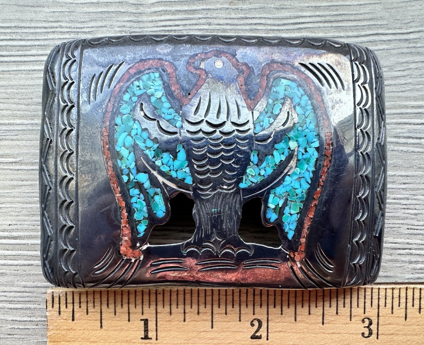 vintage Sterling silver Native American Southwestern-style belt buckle.