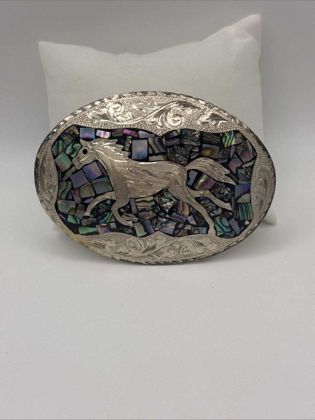 Vintage Plata de Jalisco MEXICO Sterling Silver Horse Abalone Belt Buckle 925
