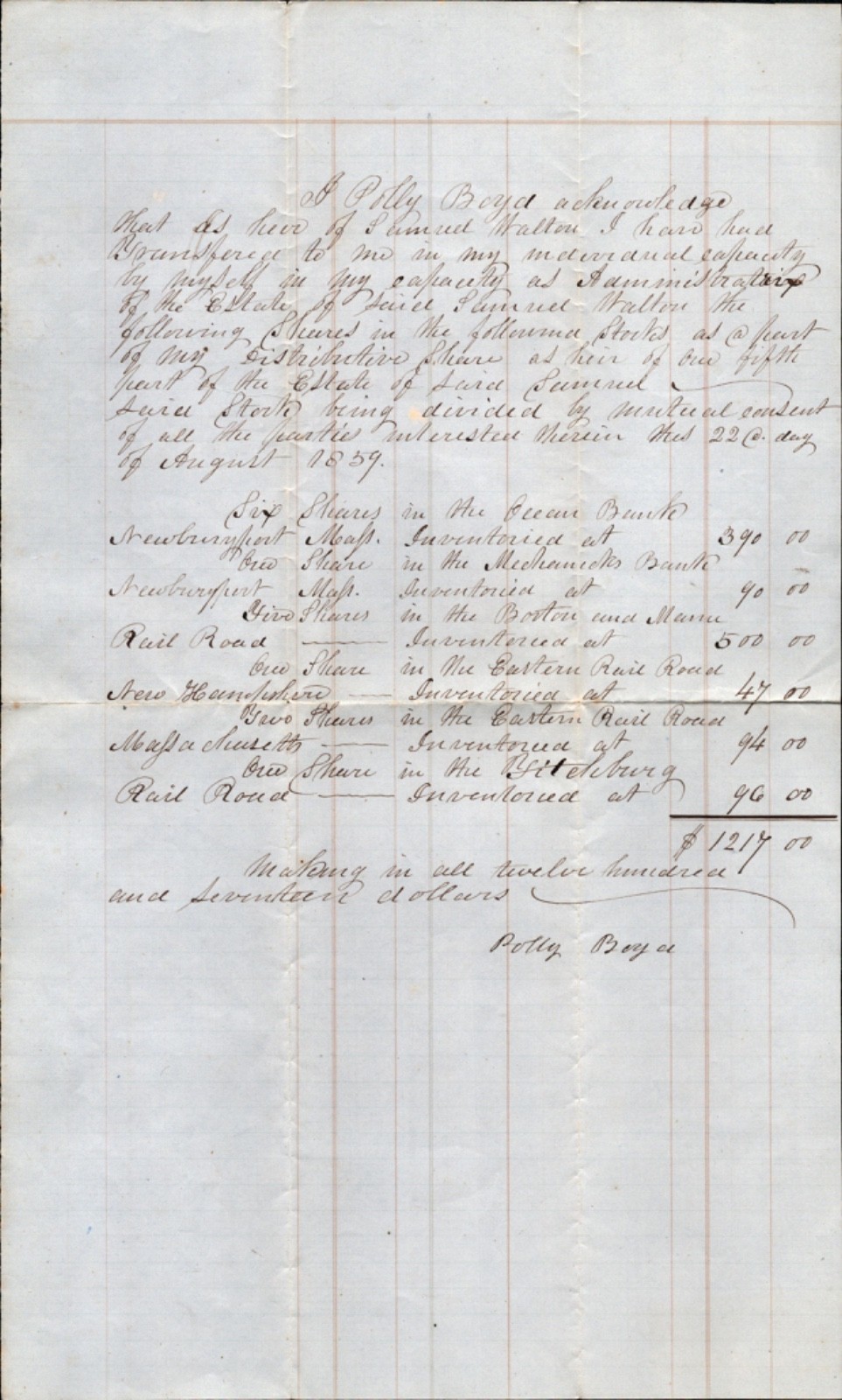 1859 NEWBURYPORT, MASSACHUSETTS antique legal trading document STOCK SHARES