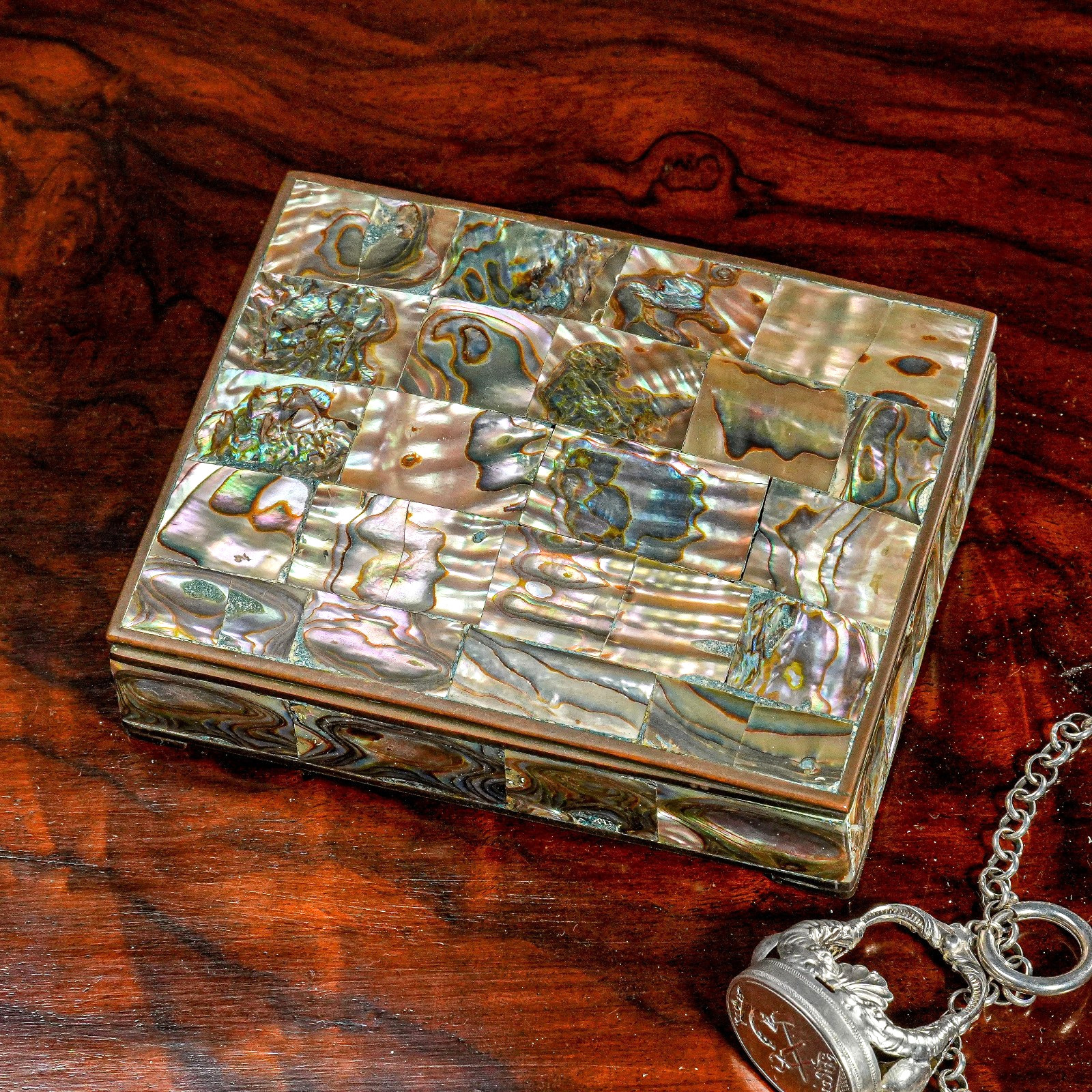 Luminous Vintage Mid Century Abalone Shell Brass Jewelry Trinket Box