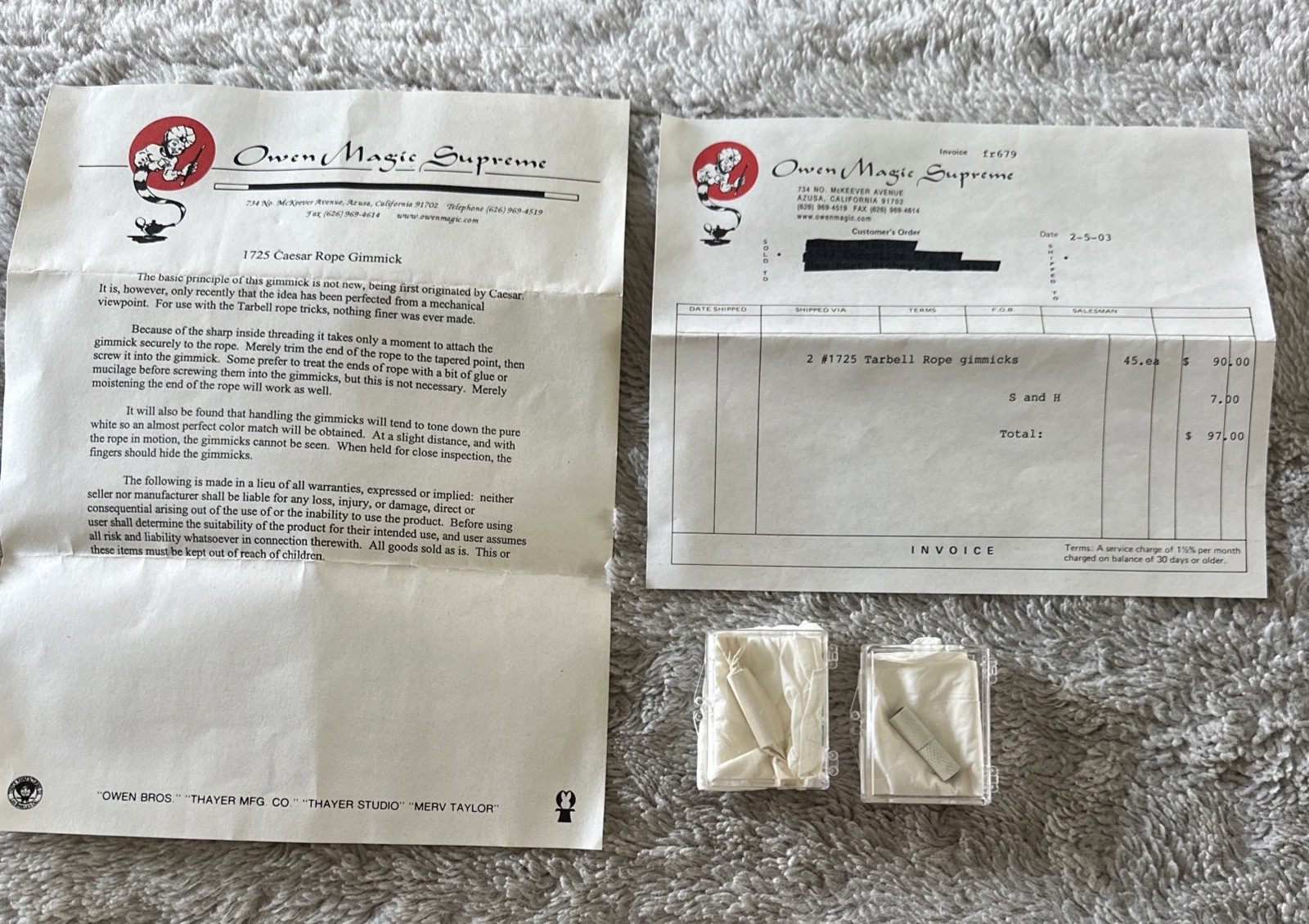 Vintage Owen Magic Supreme Tarbell Rope Gimmicks #1725 Complete Lot w/ Invoice