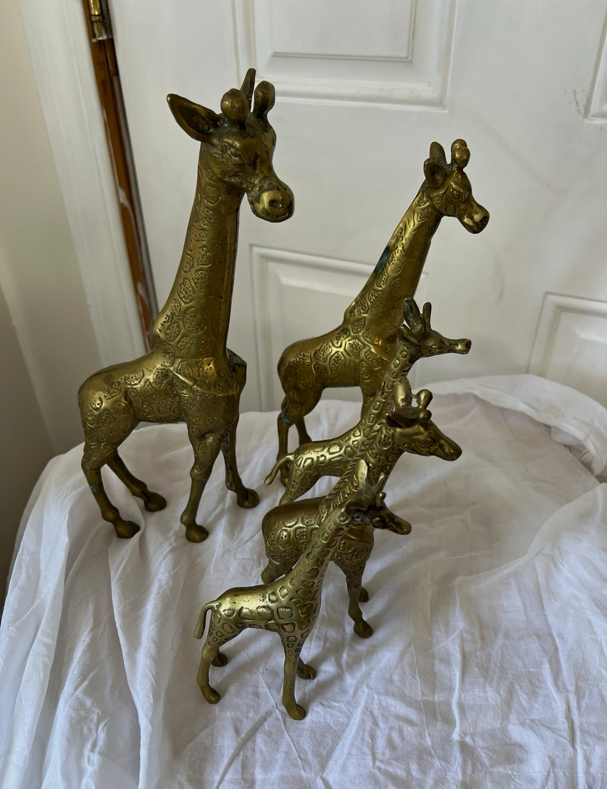 Vintage Mid-Century Modern Etched Brass Giraffe Family Figurines - Set of 5