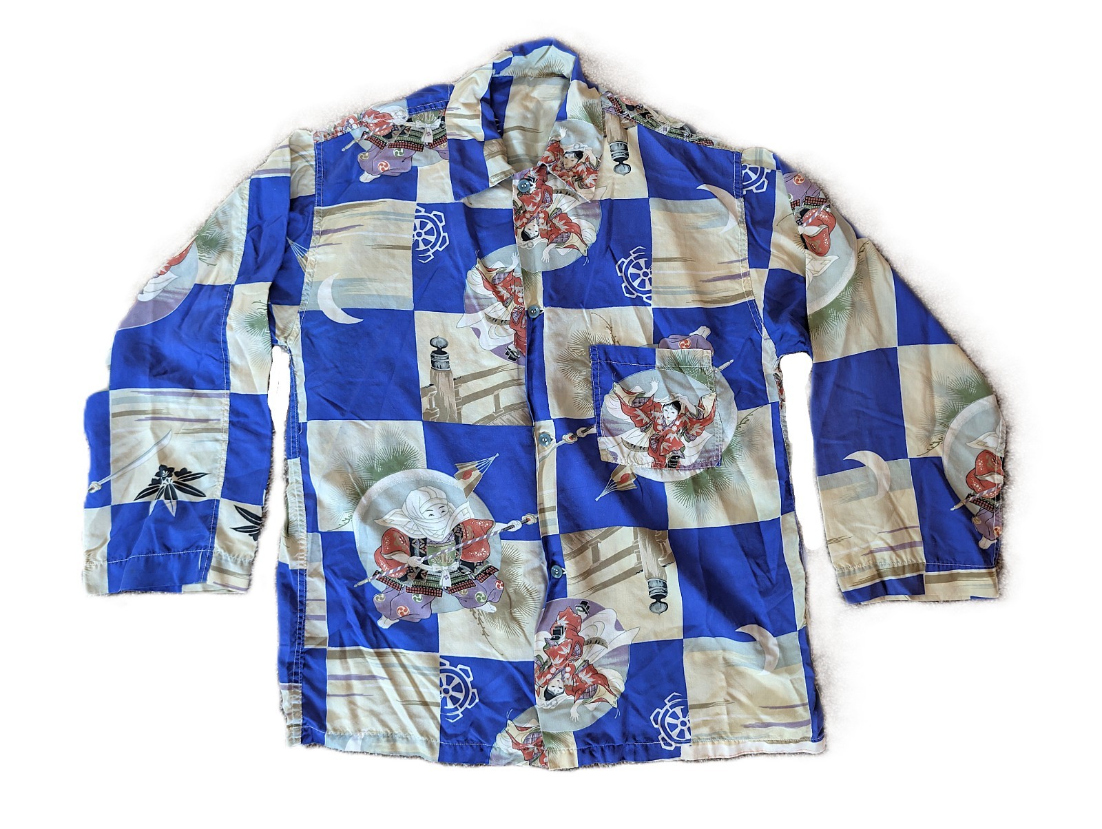 Vintage 1950\'s Aloha Hawaiian Shirt Silk Japan Long Sleeve sz M Itoman Kimono
