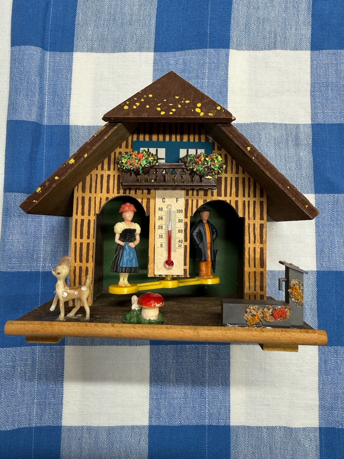 German Weather House Chalet Thermometer Wood Folk Art Made in Germany #6