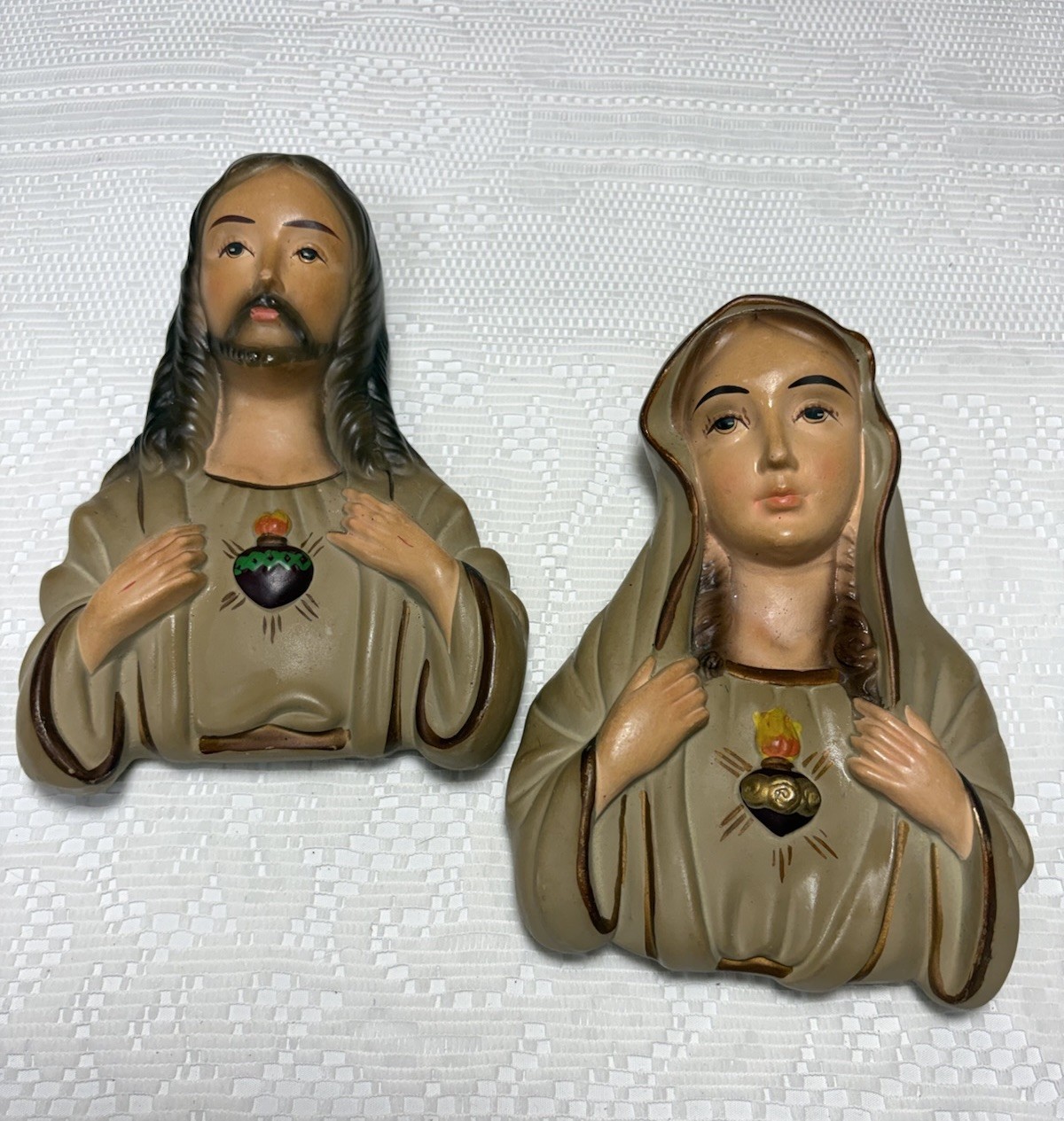 Vintage Norleans Japan Sacred Heart Jesus Mary Chalkware Wall Plaques Pair