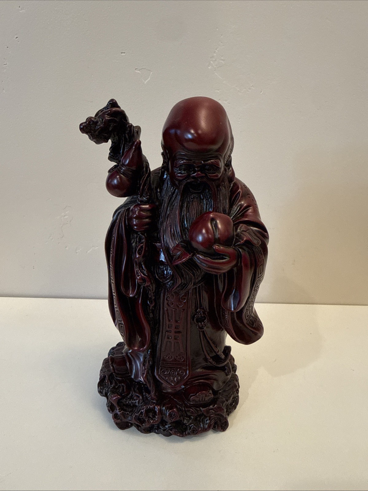 Vintage Chinese Red Resin Shou Xing Statue God of Longevity Cinnabar Style 8