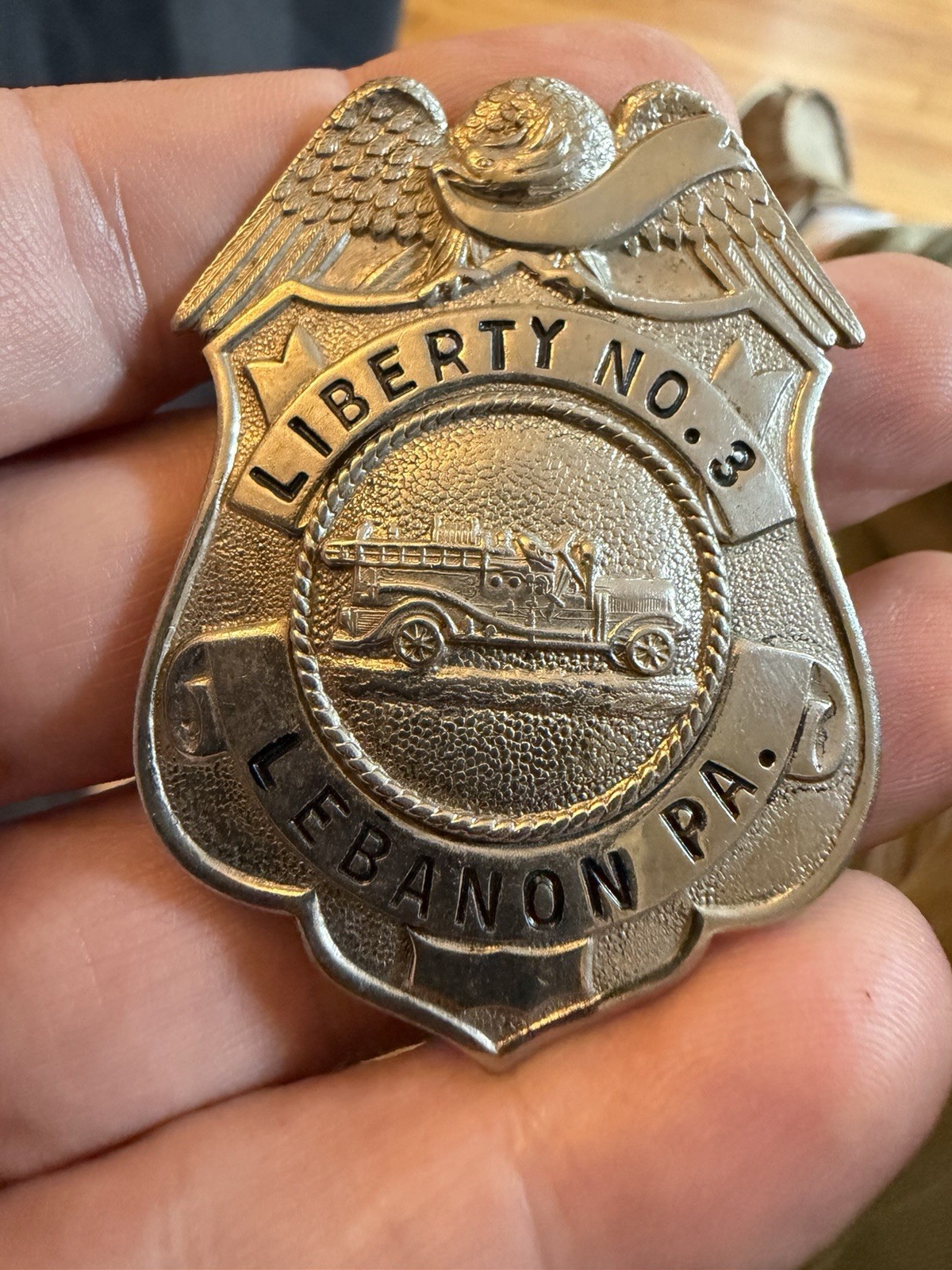 Vintage Liberty Fire Company No. 3 Volunteer Fireman Badge (Lebanon, PA).