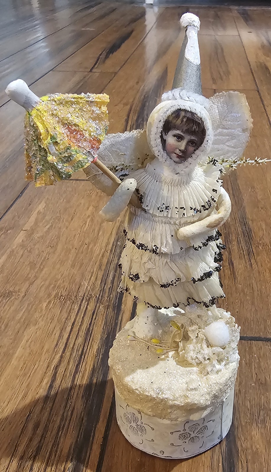 Vintage Bonne Fete Container Candy Crepe Paper  Happy Party Figurine Folk Art