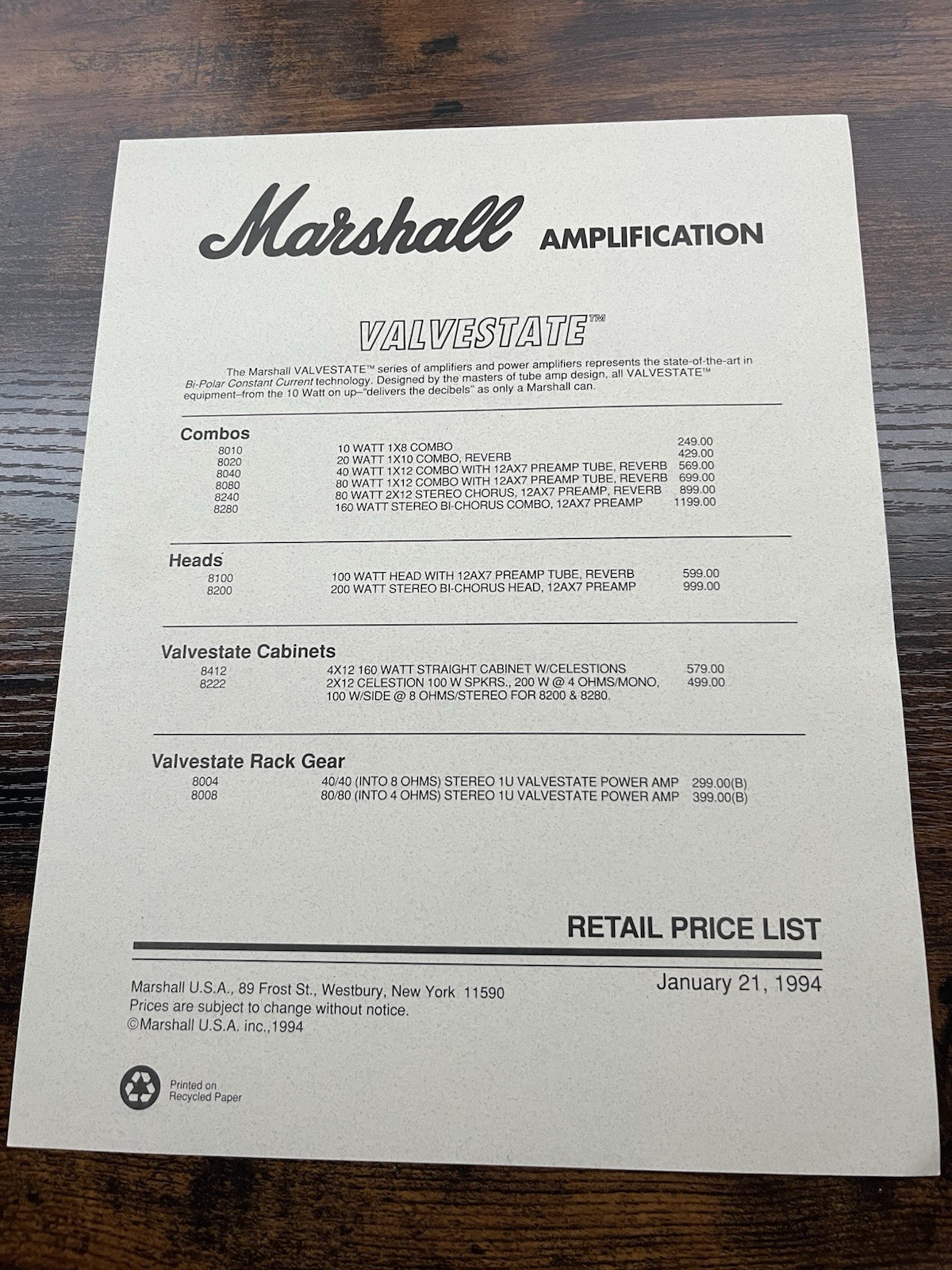 Vintage 1994 Marshall Amplification Retail Price Lost January 21 1994