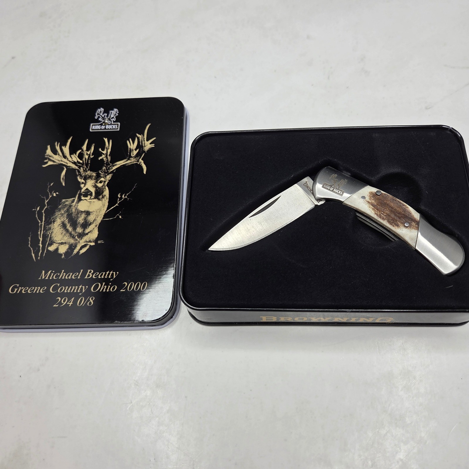 Browning Pocket Knife King of Bucks Michael Beatty 2000 Stag Handle Tin Vintage
