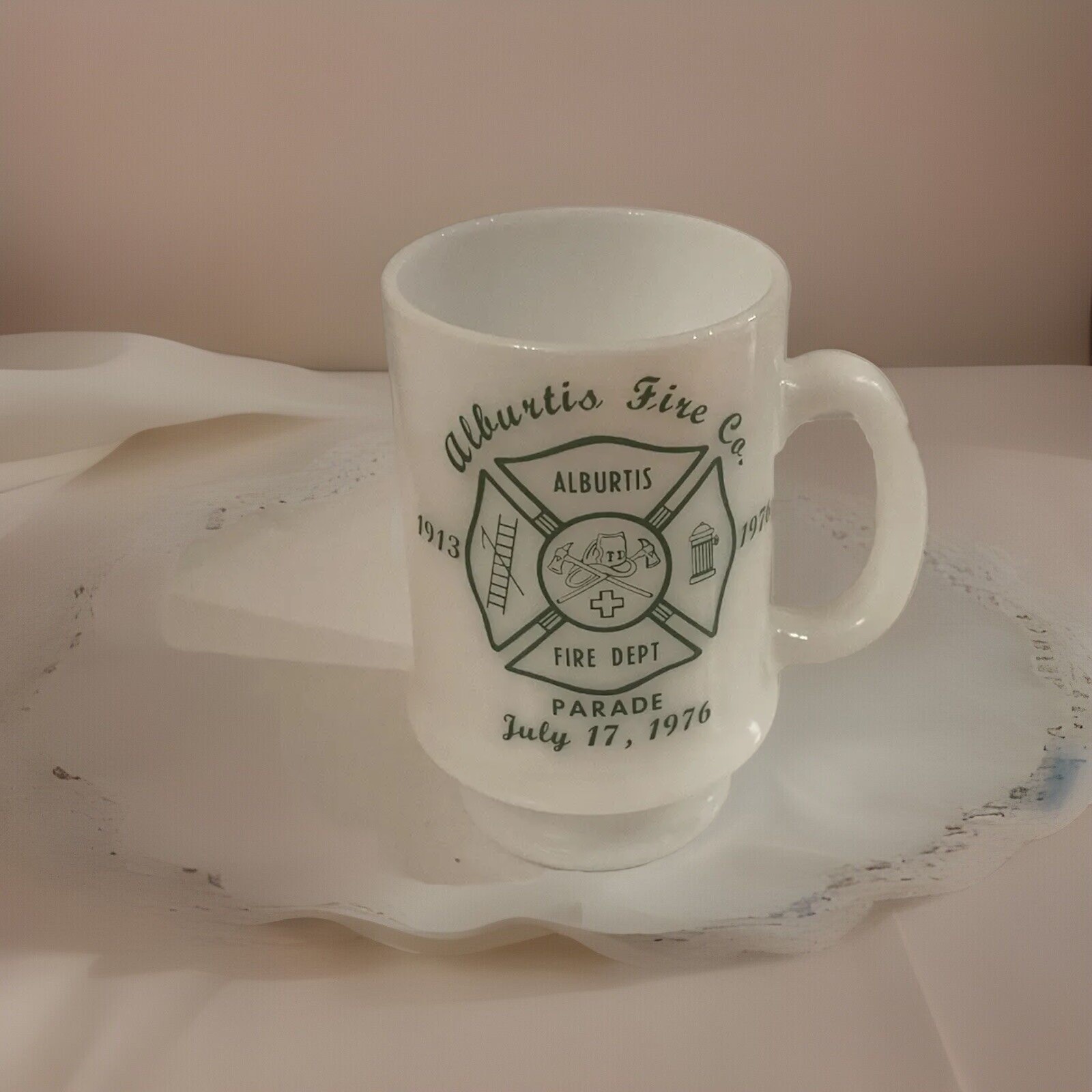 Vintage Milk Glass Pedestal Mug July 17 1976 Alburtis Fire Co Parade Alburtis Pa
