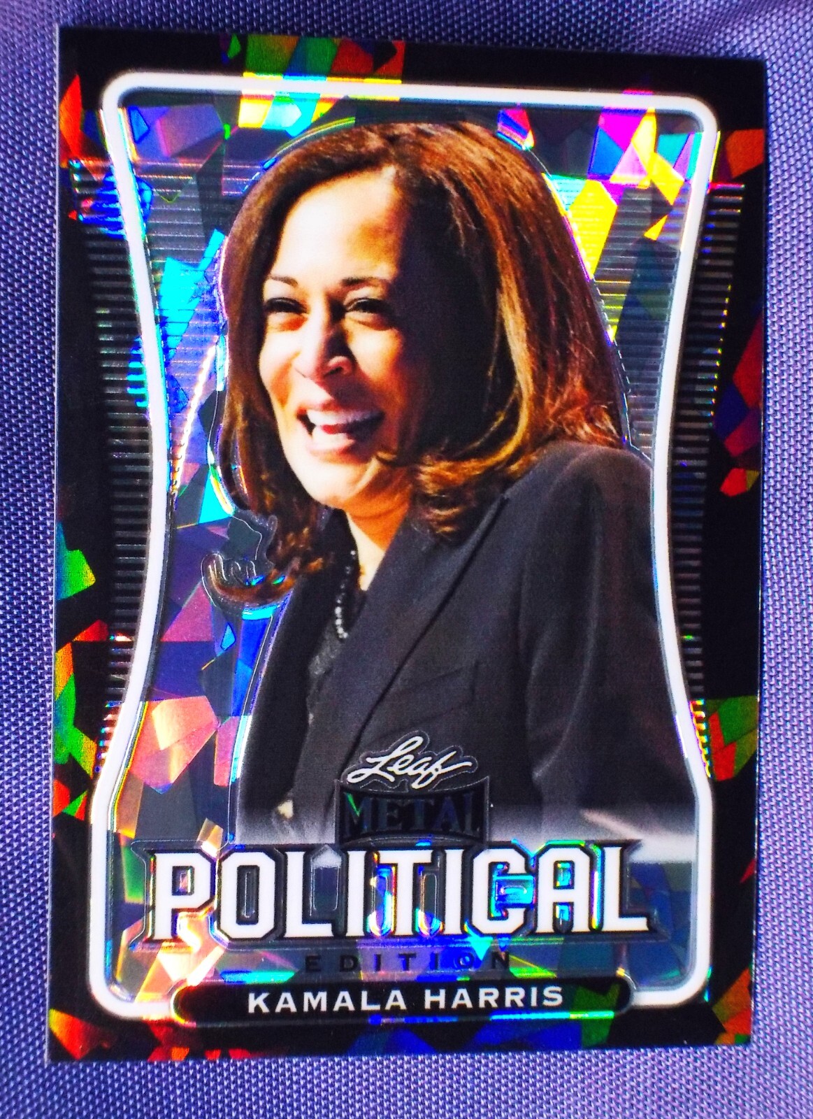 Kamala Harris ➠ serial #'d / 5    BLACK CRYSTAL ICE REFRACTOR ✦ 2020 Leaf Metal
