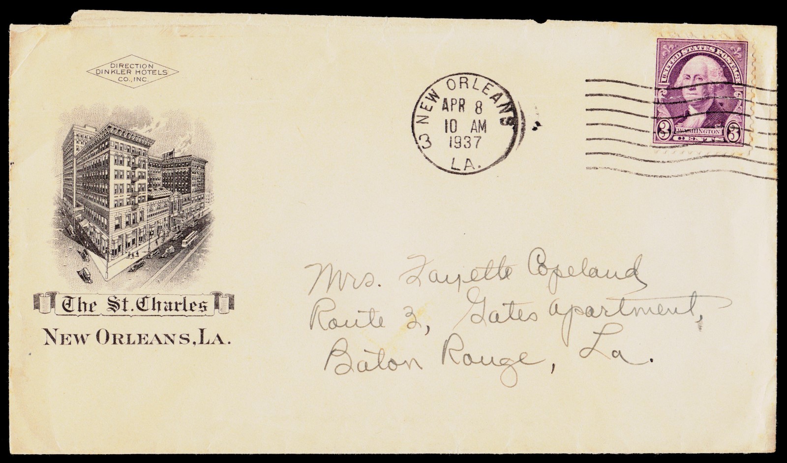 1937 The St. Charles Hotel New Orleans LA Dinkler Hotels Mailed Envelope Cover