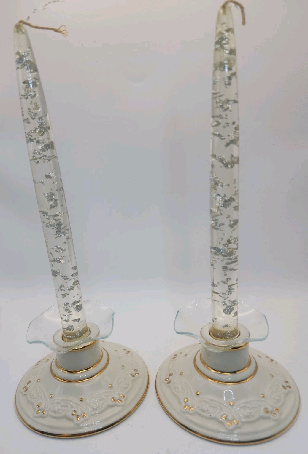 Lenox Set Of Duchesse Lace Taper Candle Holders Gold Trim 4.25\