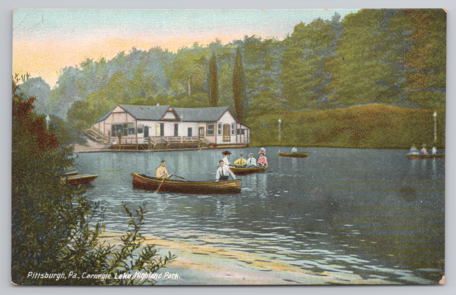 Postcard Carnegie Lake and Boat House at Highland Park in Pittsburgh, PA.