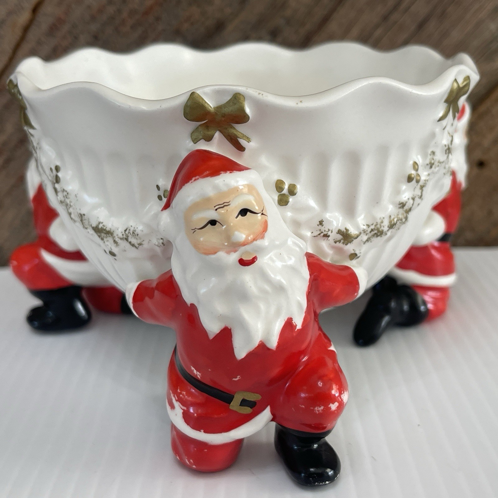 VTG 1962 Inarco Triple Santa Planter Bowl Dish Candy Christmas MCM Ceramic White